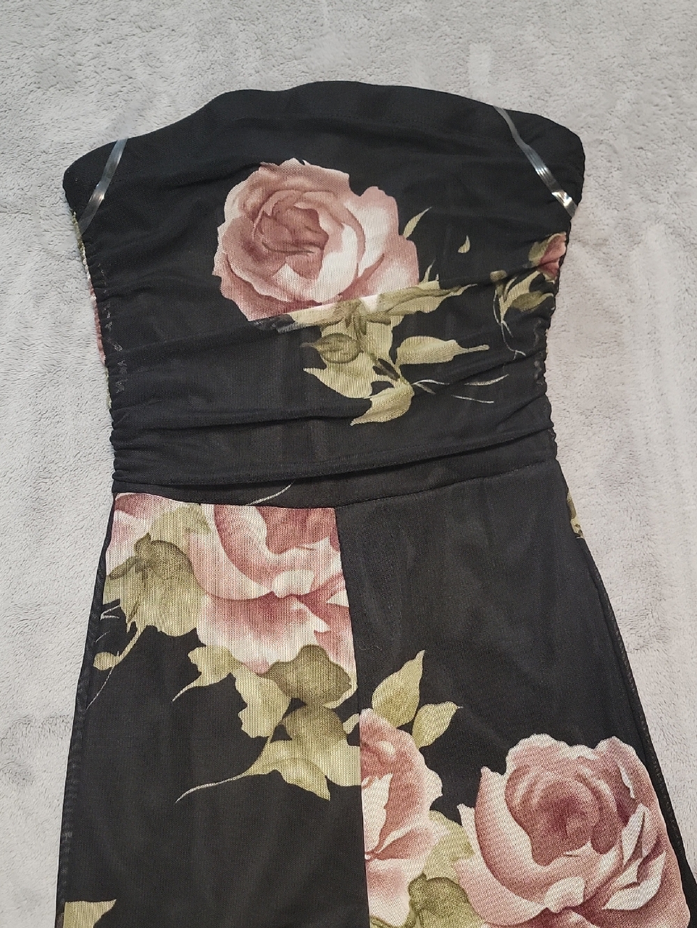 Strapless Black Floral Evening Dress with Pink Rose Print